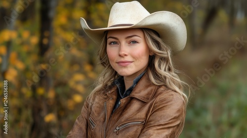 Young woman wearing cowboy hat and leather jacket poses in field during autumn
