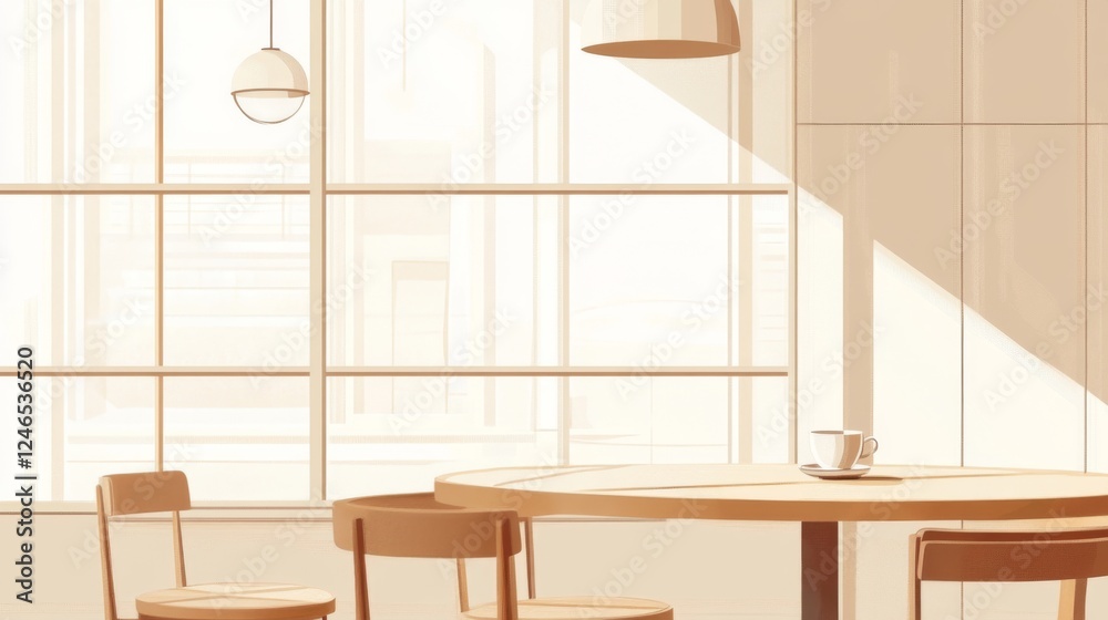 Fototapeta premium Sunny cafe interior, city view, empty table, morning light