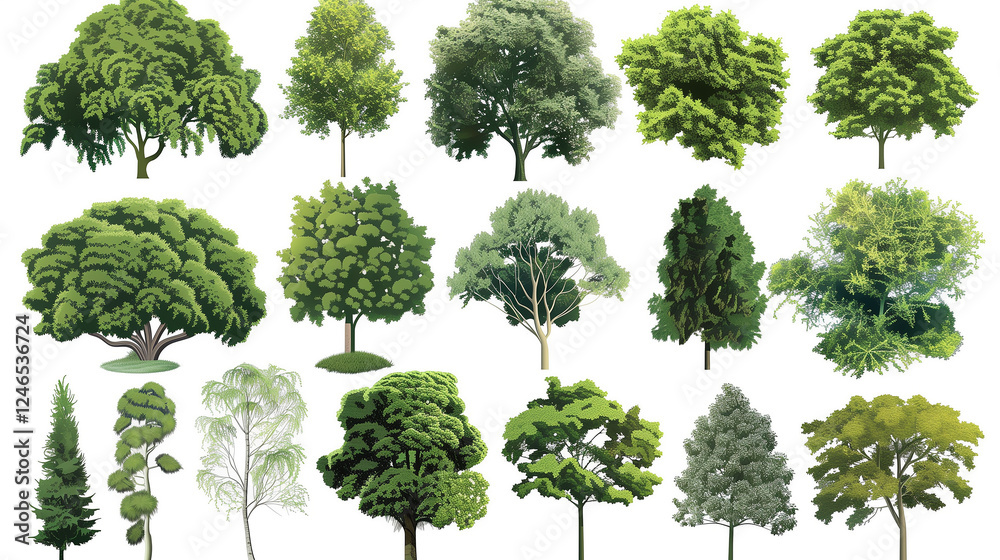 Fototapeta premium A collection of trees in various sizes and shapes, including a large tree with a thick trunk and many branches