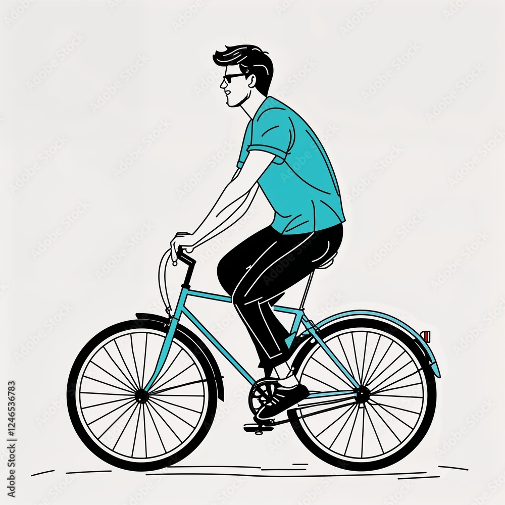 Obraz premium Young Adult Male riding a bicycle image in a simple hand drawing flat line design on plain white background