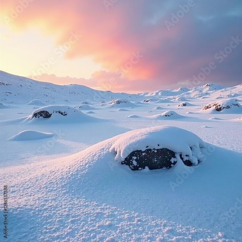 Snowy hummocks on a lifeless highland plateau, highland plateau, frozen earth