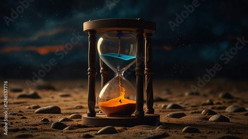 beautiful hourglass of the elements, fire, water, earth, air, copy space