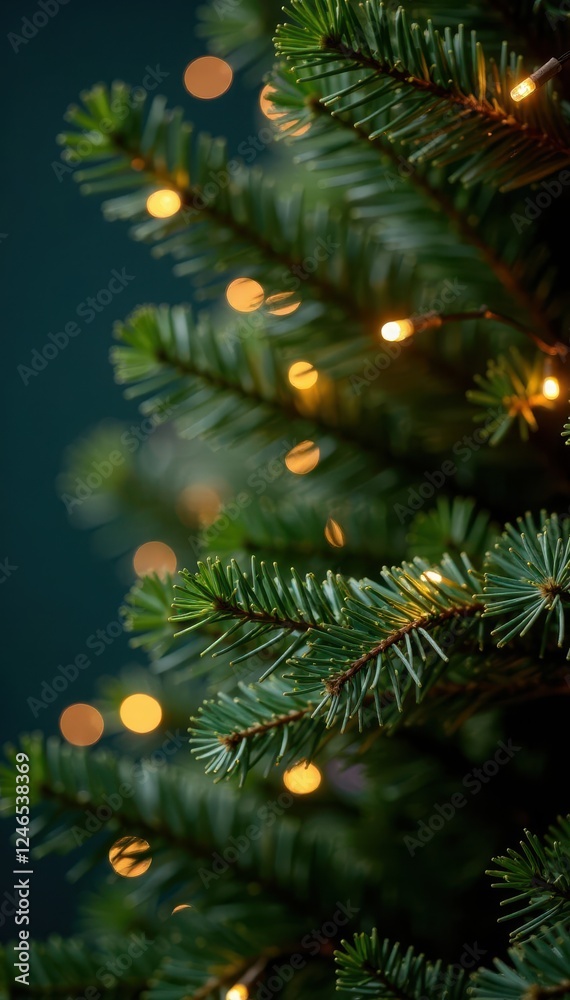 Sparkling gold string lights adorn the branches of a majestic evergreen, branch, illuminating, greenery Sparkling gold string lights adorn the branches of a majestic evergreen, branch, illuminating, greenery