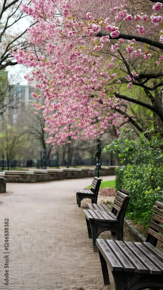 Pink blossoms adorn a serene park pathway with benches amid springtime greenery and a peaceful atmosphere Pink blossoms adorn a serene park pathway with benches amid springtime greenery and a peaceful atmosphere
