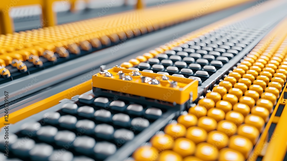 A close-up view of a conveyor system with alternating black and yellow rollers, showcasing industrial design and functionality. A close-up view of a conveyor system with alternating black and yellow rollers, showcasing industrial design and functionality.