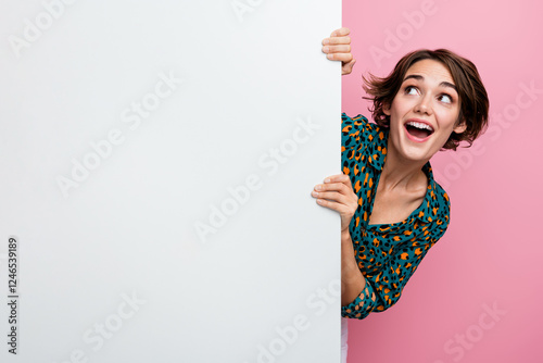 Canvastavla Portrait of overjoyed woman with bob hair wear print blouse hold white wall look