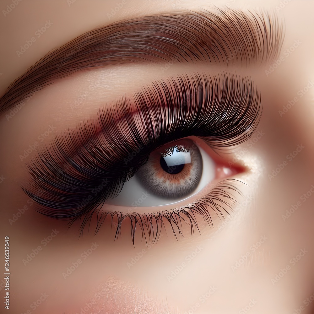 Close-up of a woman's eyes with laminated eyelashes: the eyelashes are long, curved and voluminous, without using mascara Close-up of a woman's eyes with laminated eyelashes: the eyelashes are long, curved and voluminous, without using mascara
