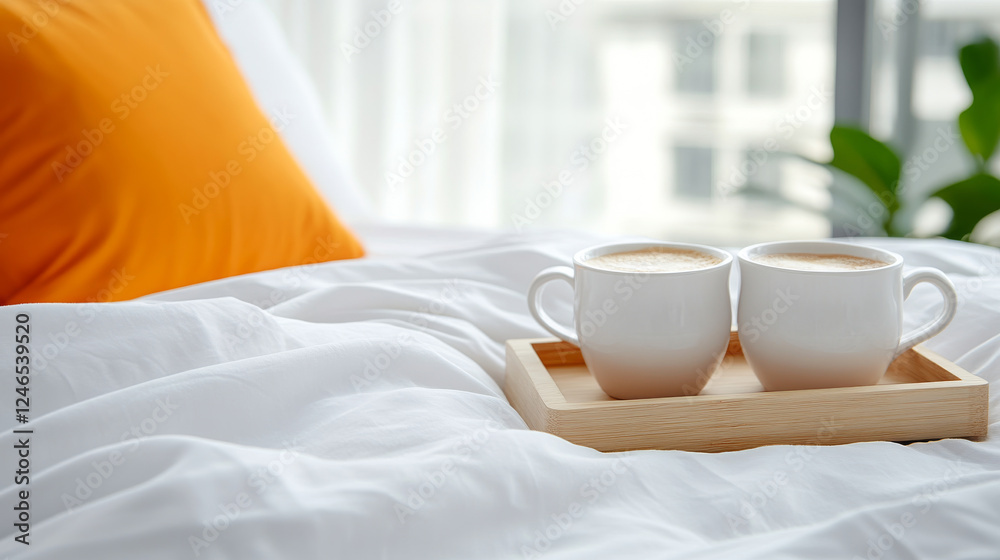 Two cups of coffee on wooden tray rest on cozy white bed with orange pillow, creating warm and inviting atmosphere Two cups of coffee on wooden tray rest on cozy white bed with orange pillow, creating warm and inviting atmosphere
