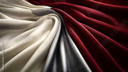 Silky fabric draped in flowing folds of cream, red, and charcoal grey colors on a smooth surface.