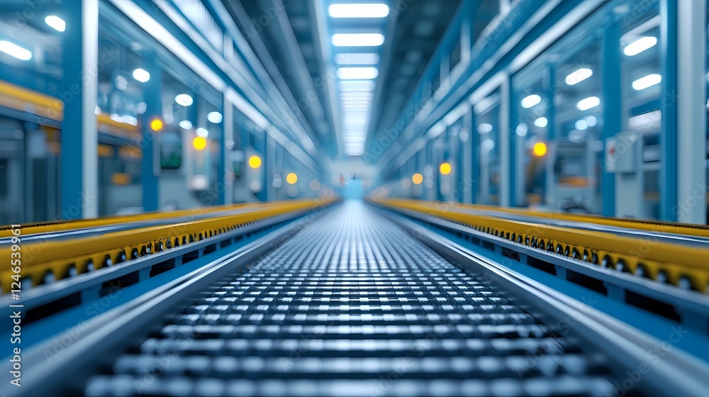 A perspective view of a modern manufacturing facility with conveyor belts, highlighting an industrial environment with blue lighting and structured lines. A perspective view of a modern manufacturing facility with conveyor belts, highlighting an industrial environment with blue lighting and structured lines.