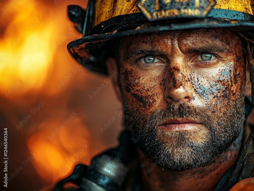 Determined and Courageous Firefighter Holding Axe Amid Burning Building Determined and Courageous Firefighter Holding Axe Amid Burning Building