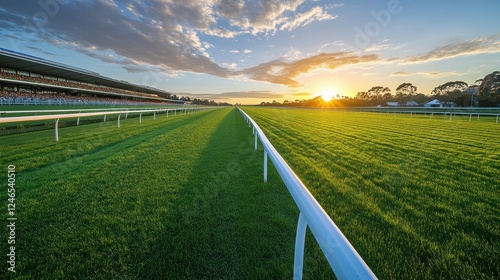 Sunset view over vacant horse racing track with lush green grass