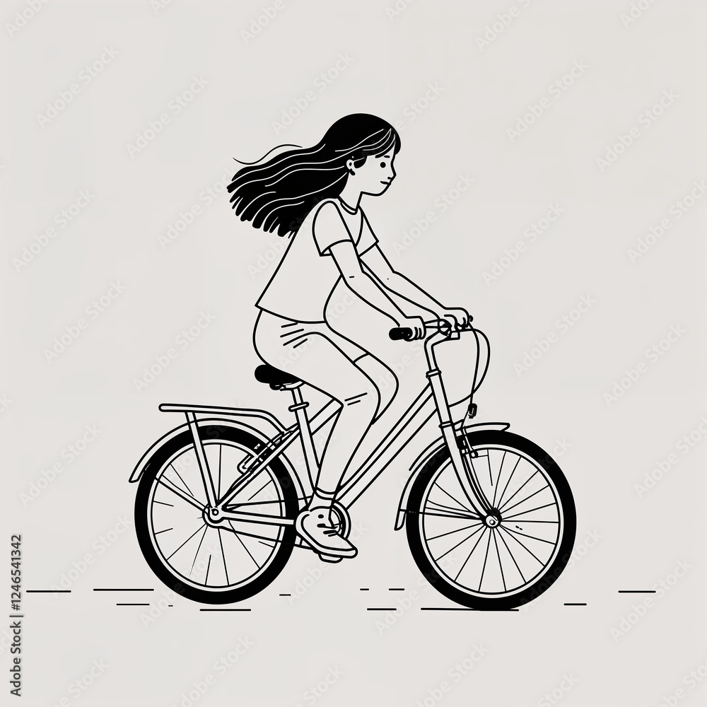 Obraz premium Child Female riding a bicycle image in a simple hand drawing flat line design on plain white background
