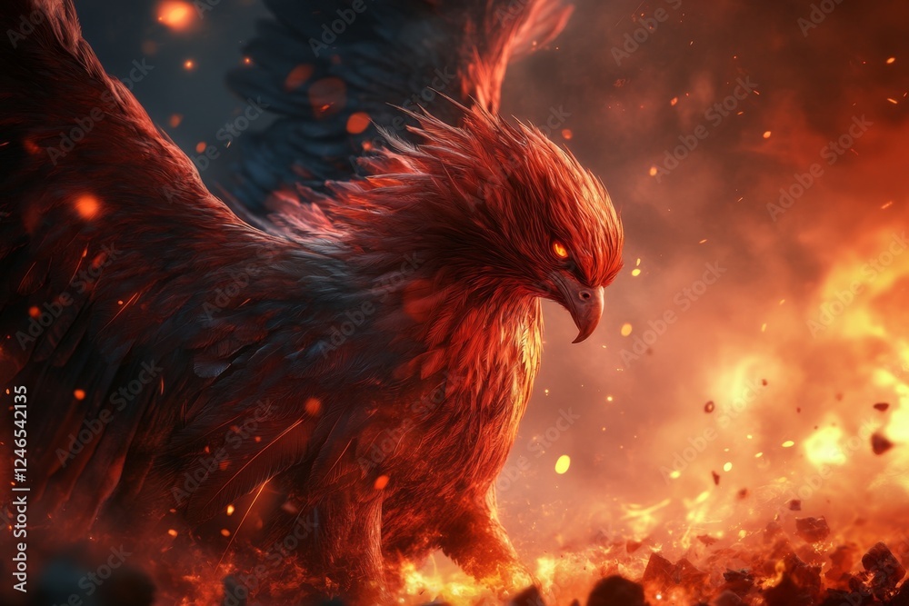 Fototapeta premium A 3D illustration of a phoenix rising from glowing embers, its fiery feathers intricately rendered with a dramatic backdrop