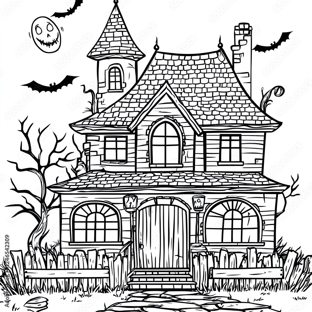 Obraz premium Spooky Haunted House Coloring Book Page Simple Illustration for Kids