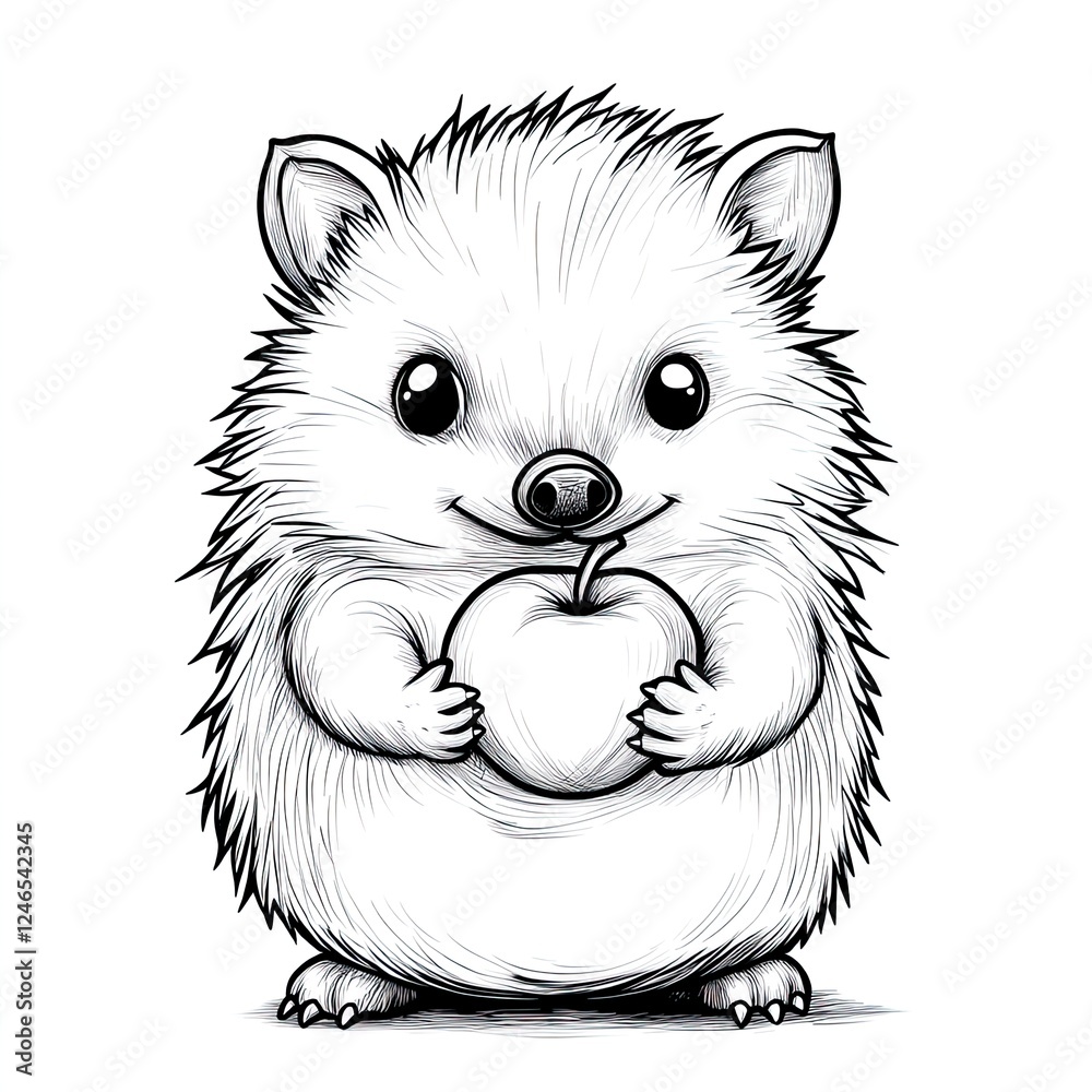 Obraz premium Adorable Hedgehog with Apple Simple Coloring Page for Kids