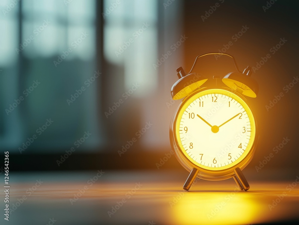 A glowing alarm clock sits on a table, casting warm light in a dimly lit room, symbolizing the passage of time.