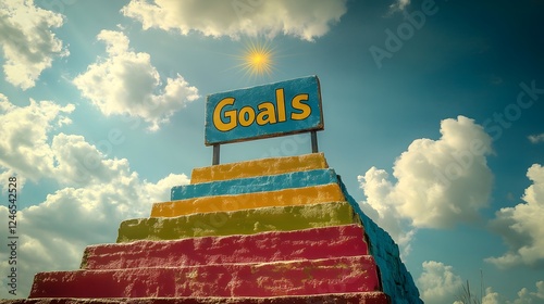 Yellow Signboard with 'Goals' and Bright Sunlight in the Background photo