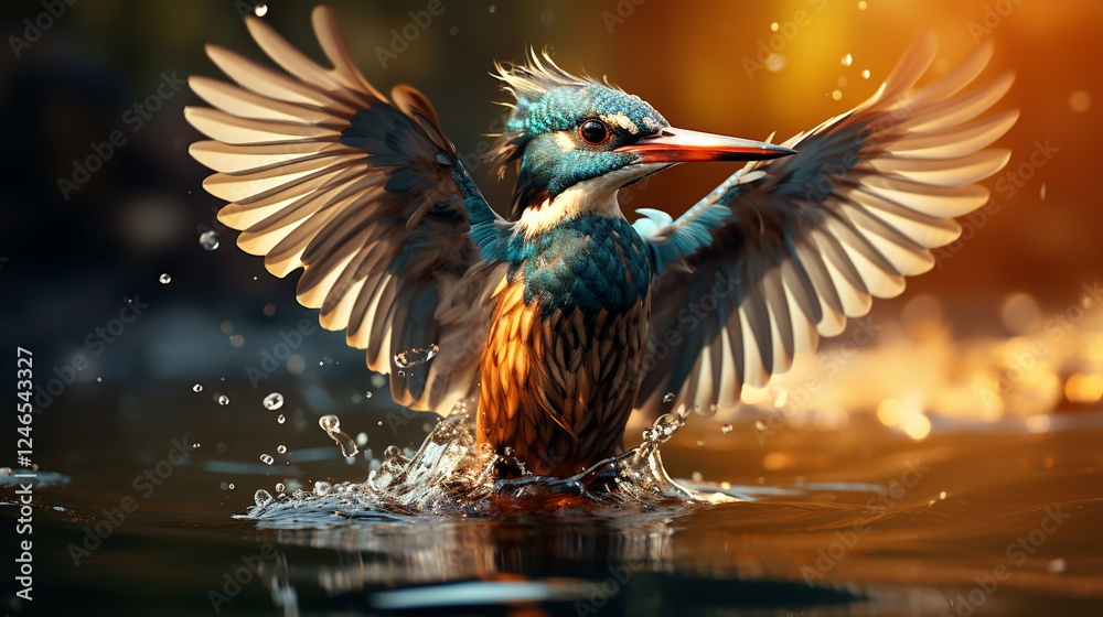 Fototapeta premium Kingfisher Emerging from a Water Dive with Splashes