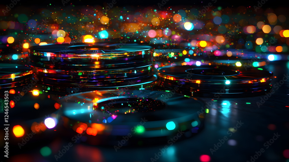 Colorful bokeh lights shimmering around reflective discs on a dark surface with depth. Colorful bokeh lights shimmering around reflective discs on a dark surface with depth.