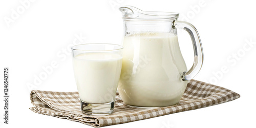 A jug and a glass of fresh milk, isolated on a transparent background. The smooth, creamy milk fills the glass