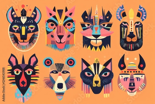 Wallpaper Mural Collection of abstract animal faces with geometric patterns on orange background Torontodigital.ca