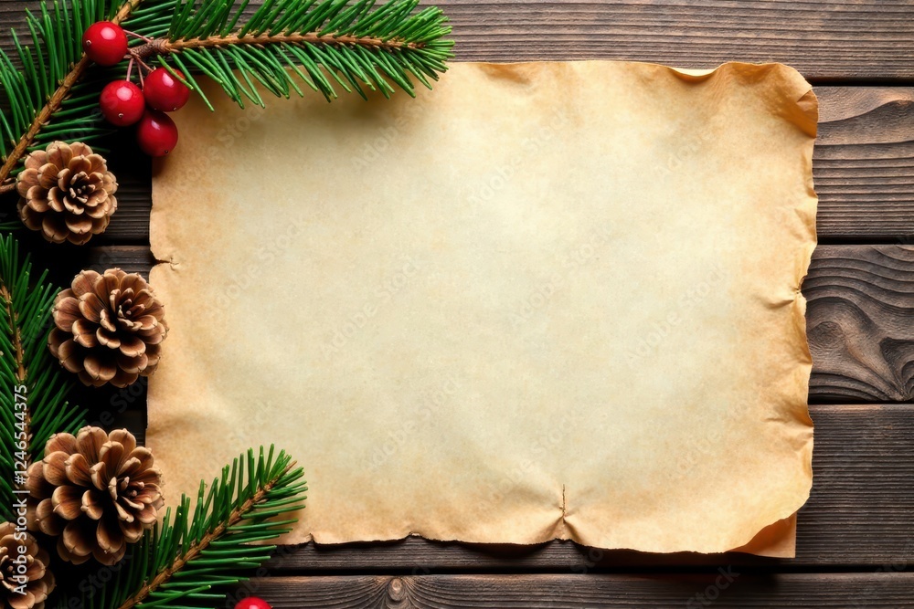 Rustic wooden backdrop with aged paper, pine cones & berries, christmas, winter background, berries Rustic wooden backdrop with aged paper, pine cones & berries, christmas, winter background, berries