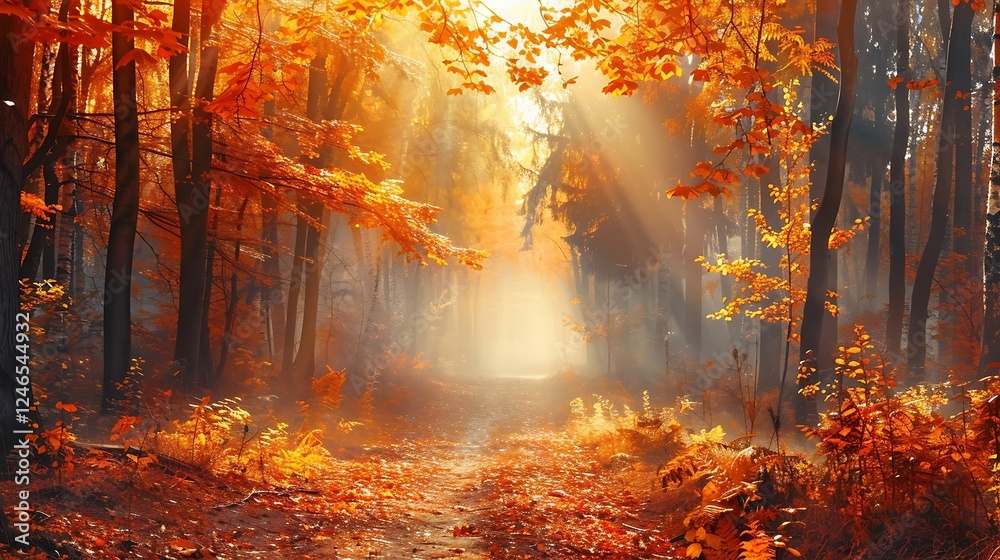 Autumn forest with sunbeams in the morning. Nature background Autumn forest with sunbeams in the morning. Nature background