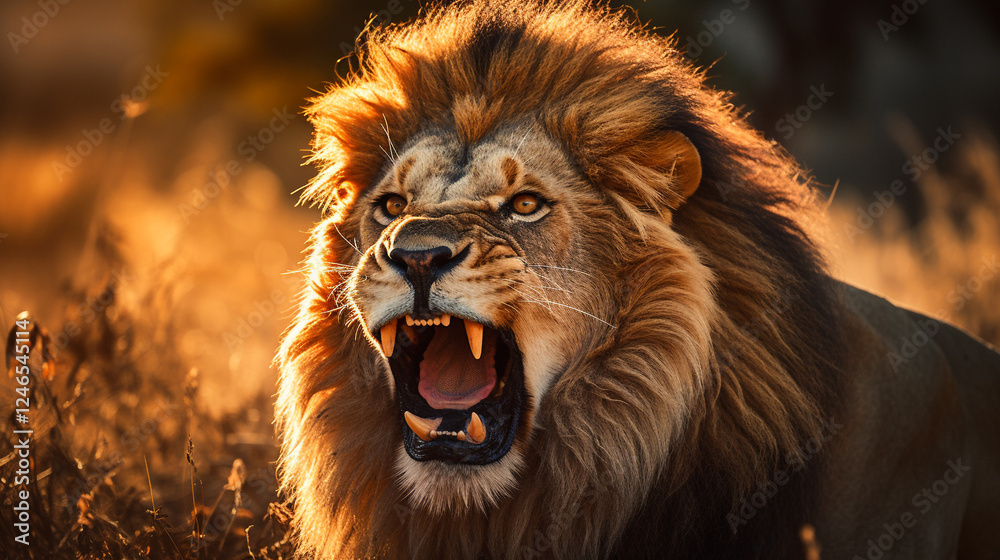 Obraz premium Powerful Lion Roaring on the Sunset Savanna