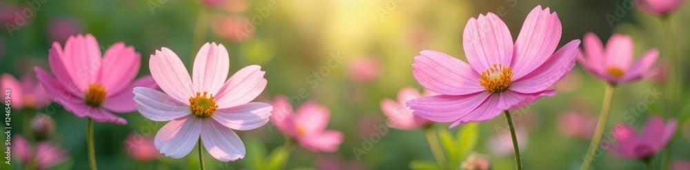 Pastel pink cosmos flowers bloom in a lush garden, floral arrangement, pastel colors Pastel pink cosmos flowers bloom in a lush garden, floral arrangement, pastel colors