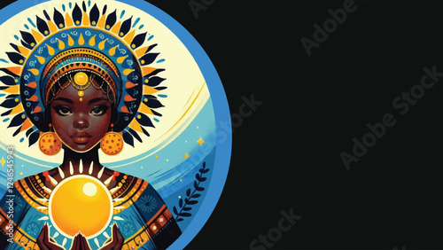 Traditional African beautiful black girl holds the sun digital painting artwork on black background illustration 