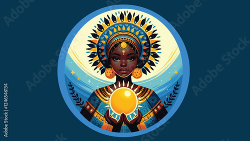 Traditional African beautiful black girl holds the sun digital painting artwork on blue background illustration 