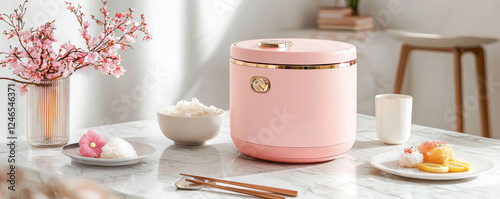 stylish pink rice cooker on marble table, surrounded by flowers and dishes of rice and desserts, creating serene dining atmosphere