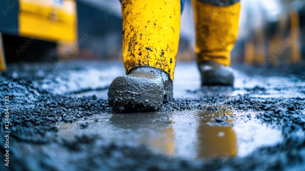 Muddy work boots in wet cement.