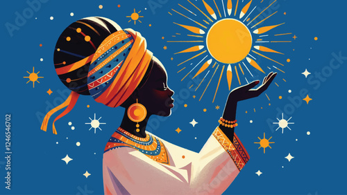 Traditional African beautiful black girl holds the sun digital painting artwork on blue background illustration 