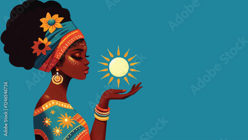 Traditional African beautiful black girl holds the sun digital painting artwork on blue background illustration 