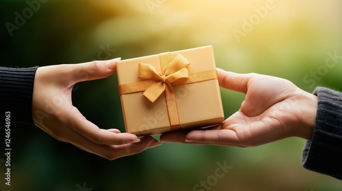 Two hands exchanging a beautifully wrapped golden gift box with a ribbon, set against a softly blurred green background