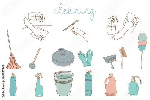 Cleaning equipment background. Cleaning tools in one line. Cleaning items icons linear style