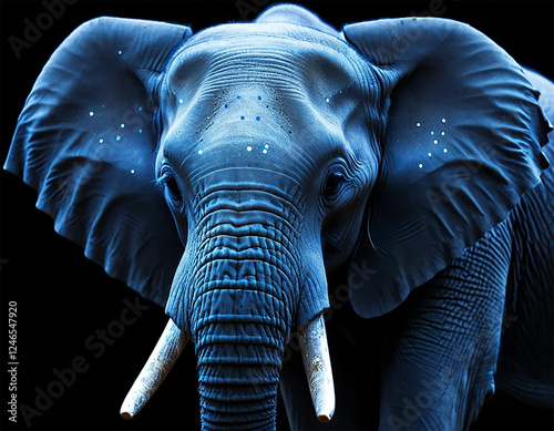 an elephant with a black background and a blue background with white dots on it s trunk and trunk