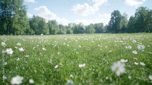 Sunny day, wildflowers meadow, green trees background, peaceful nature scene, perfect for travel brochures