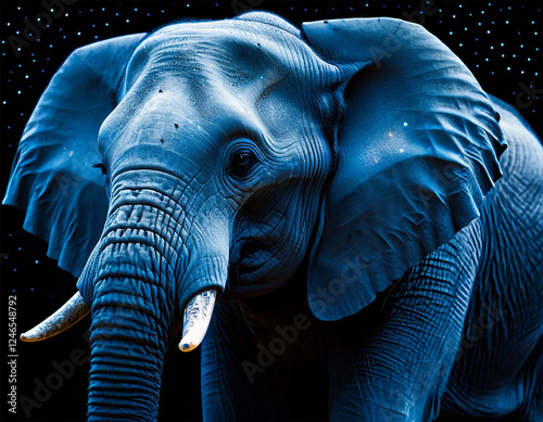 an elephant with a black background and a blue background with white dots on it s trunk and trunk