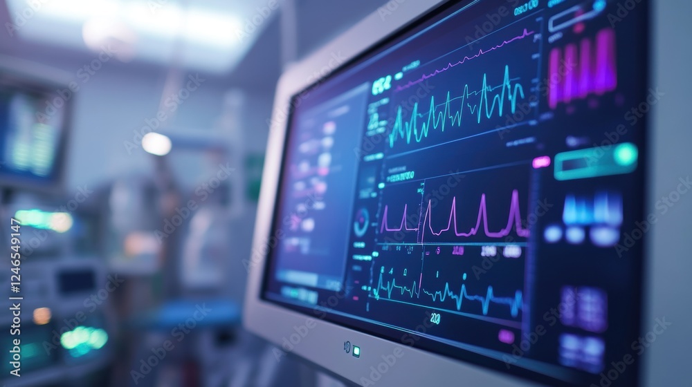 A medium closeup of a healthmonitoring device displaying vital signs in realtime with colorful graphs and metrics. The screen is backlit enhancing the readability of the data while A medium closeup of a healthmonitoring device displaying vital signs in realtime with colorful graphs and metrics. The screen is backlit enhancing the readability of the data while