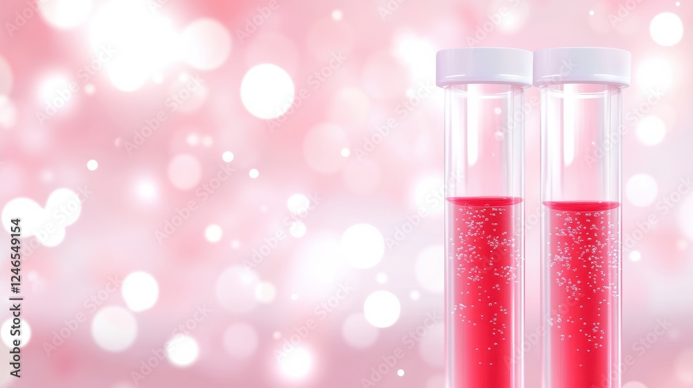 Test tubes filled with vibrant red liquid against a soft pink background, creating a visually appealing and scientific atmosphere. Test tubes filled with vibrant red liquid against a soft pink background, creating a visually appealing and scientific atmosphere.