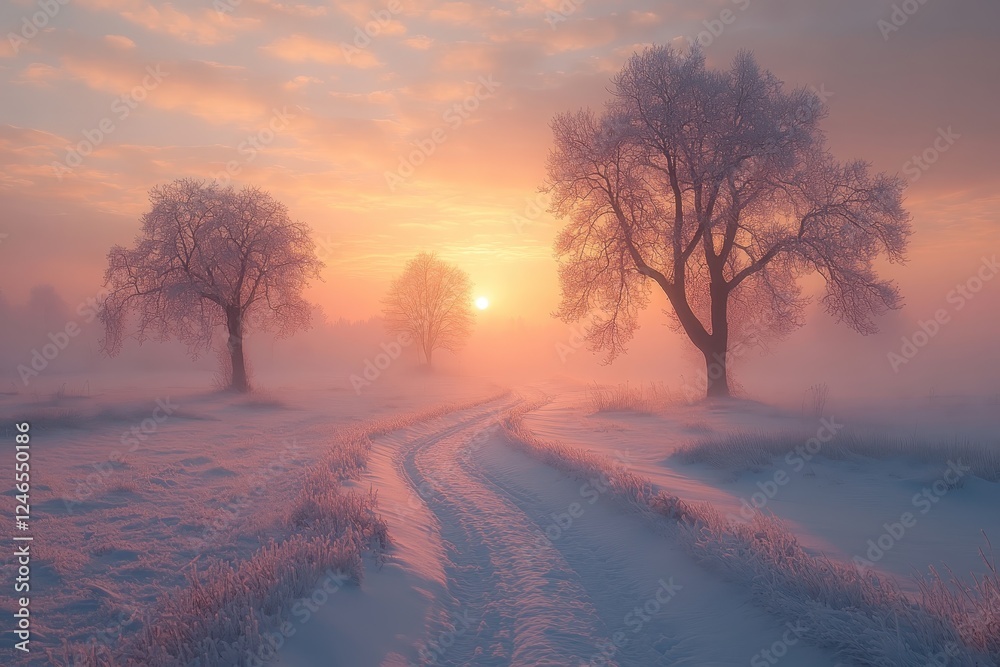 Serene Winter Sunrise with Frosty Trees and Winding Path in Misty Landscape Serene Winter Sunrise with Frosty Trees and Winding Path in Misty Landscape