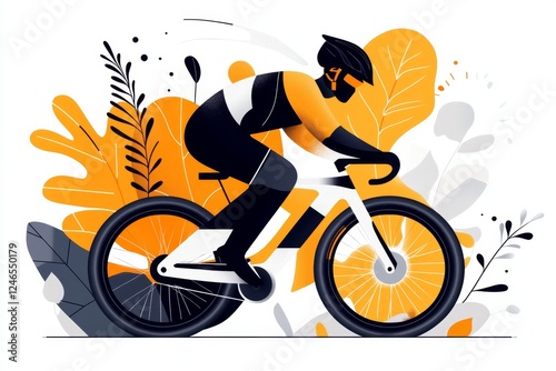A flat 2D illustration of an adaptive cyclist in action, designed with bright, cheerful colors on a white canvas