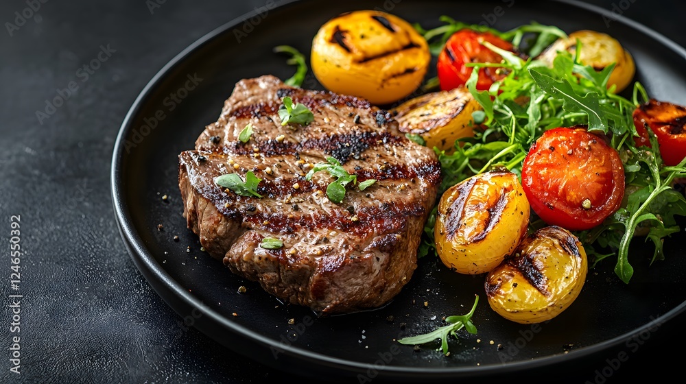 Grilled Steak, Delicious Grilled Steak with Fresh Greens and Tomato Sauce Grilled Steak, Delicious Grilled Steak with Fresh Greens and Tomato Sauce