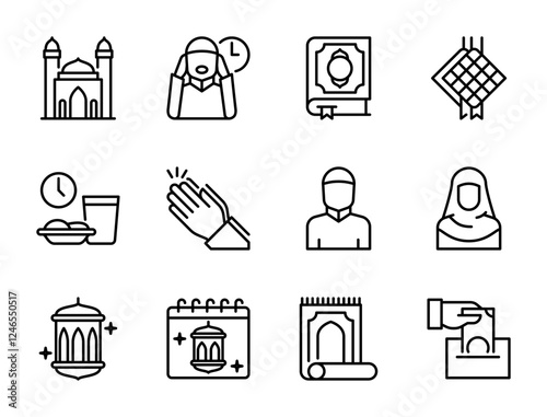 Ramadan icon set, vector, in line style, for muslim, ramadan, eid, islam, pray, etc.