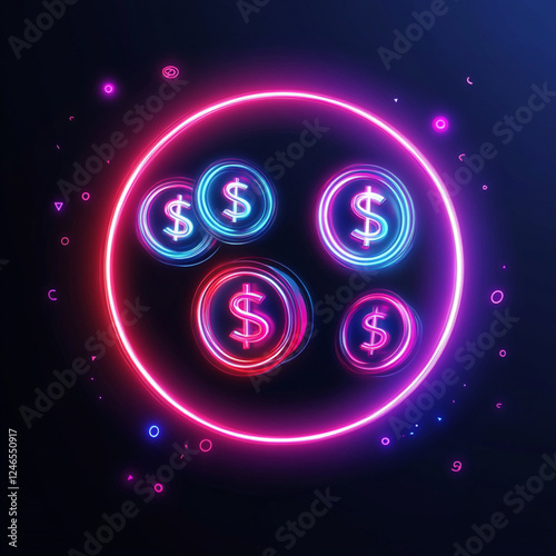 Futuristic neon-lit currency symbols arranged in a circular pattern, digital economy concept representing blockchain, finance, and innovation