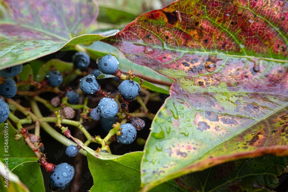 Grape ivy (parthenocissus tricuspidata) plant, purple fruit after rain