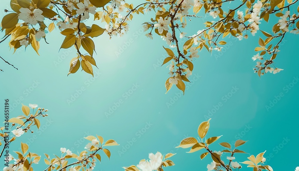 Obraz premium Magnolia flowers on a background of blue sky with sun rays.
